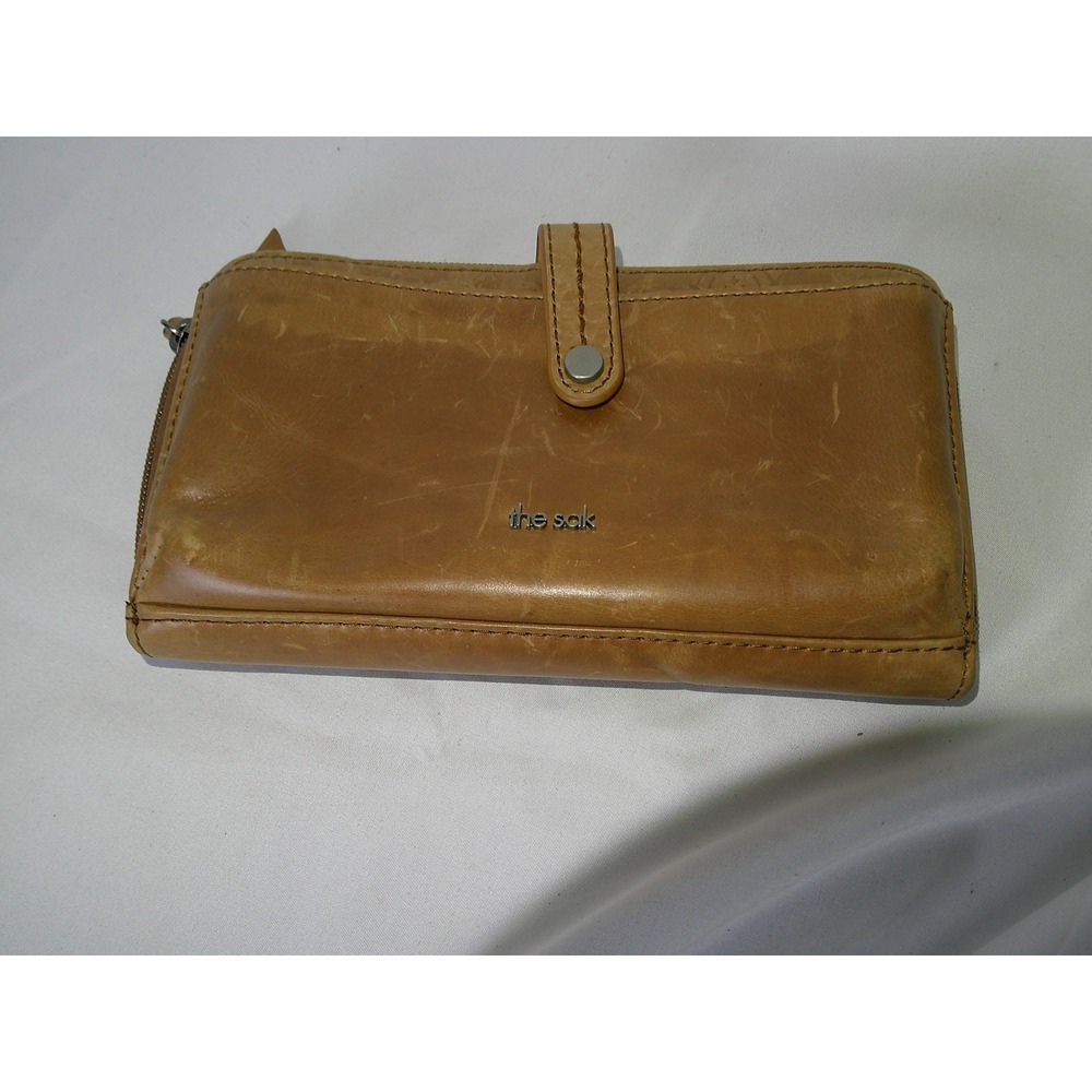 The Sak Tan Leather Zip Around Continental Wallet Distressed Snap Tab Clutch